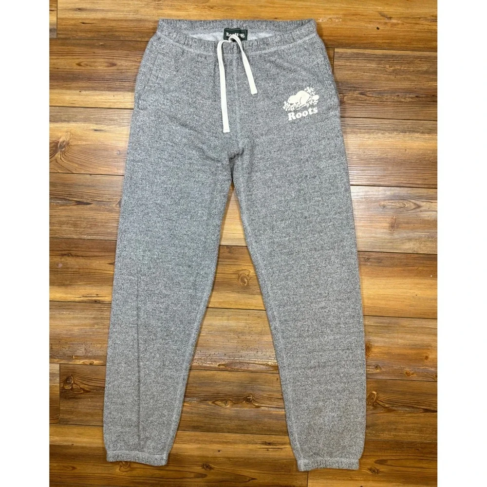 Roots Salt & Pepper Grey Sweatpants Beaver Logo Graphic Joggers Mens Small